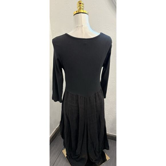 Inizio ONZ Linen Magic Dress Chore Pockets 3/4 Sleeve Black Midi XL Lagenlook - Picture 2 of 6